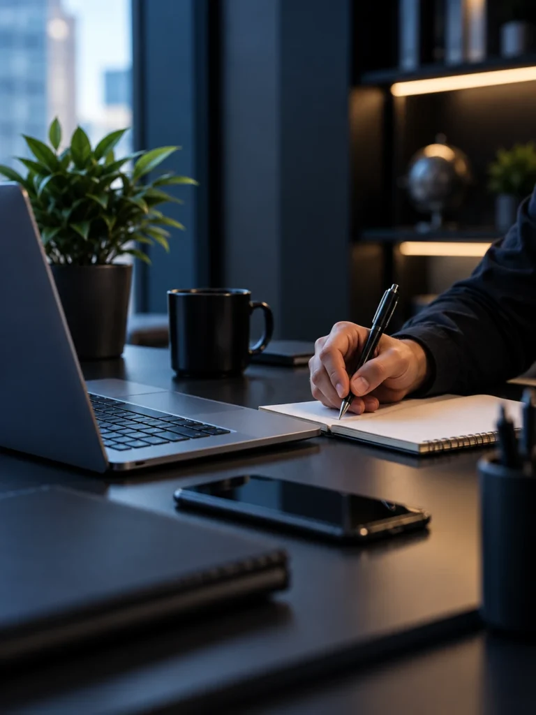 Professional IT services workspace with laptop and business plannin