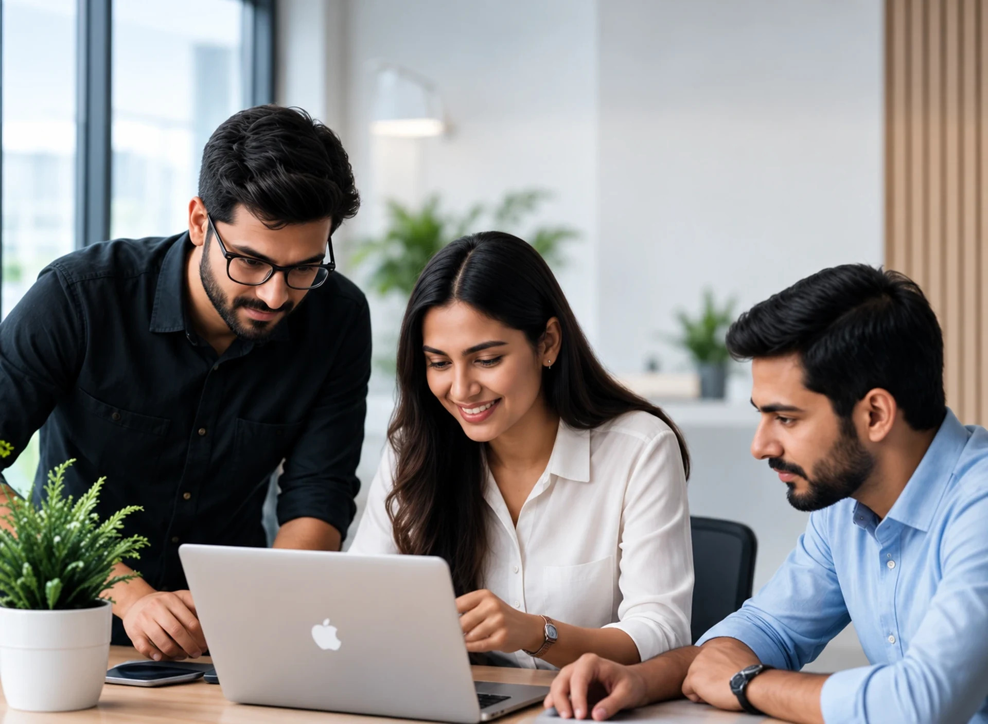 Web development team collaborating on a project in a modern office