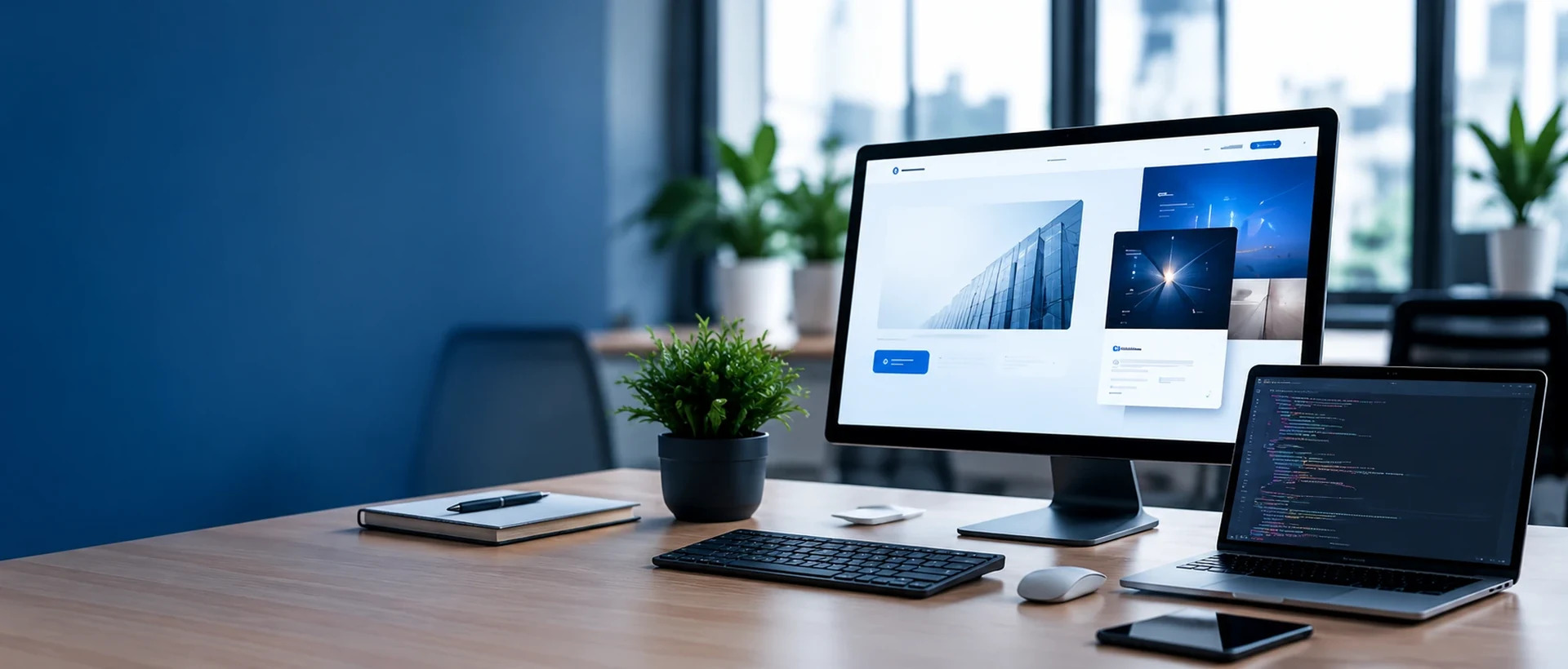 Modern web development workspace with desktop computer and technology interface