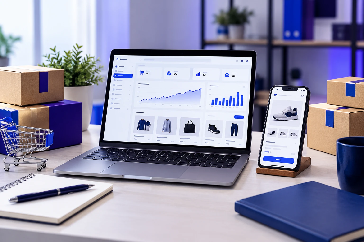 E-commerce consulting dashboard showing online store analytics and mobile shopping experience