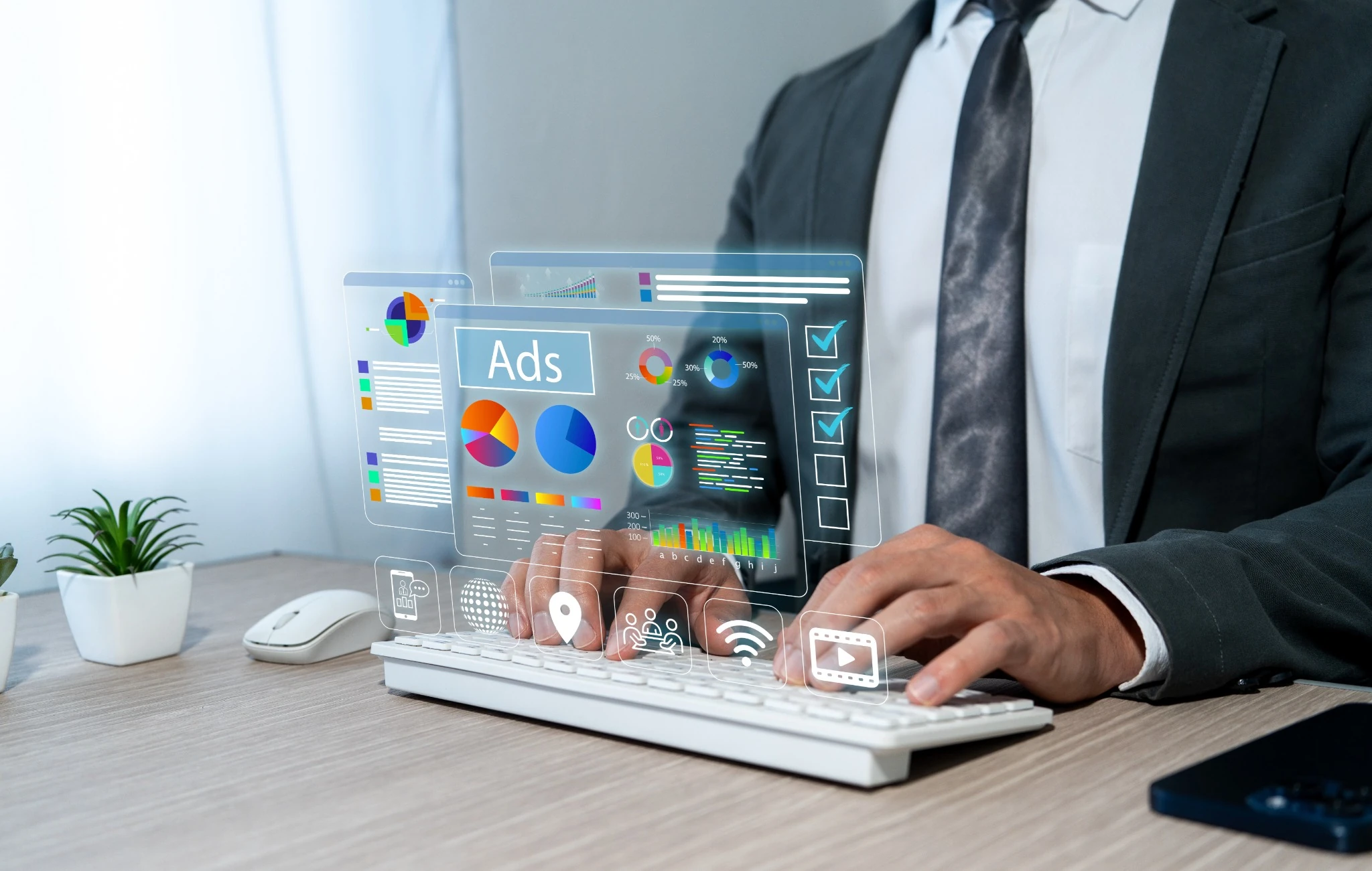 Digital advertising dashboard showing campaign analytics, performance metrics and advertising data