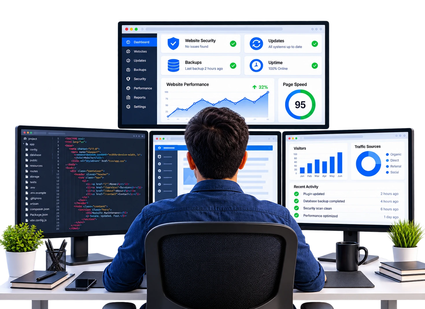 Website maintenance services covering updates, backups, security checks, and technical support for business websites.