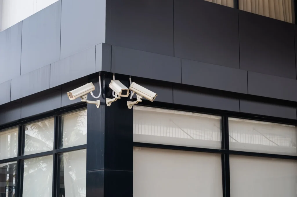 CCTV security cameras installed on a modern commercial building in Dubai