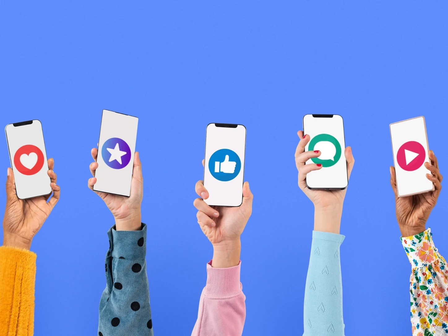 People holding smartphones displaying social media engagement icons against a blue background