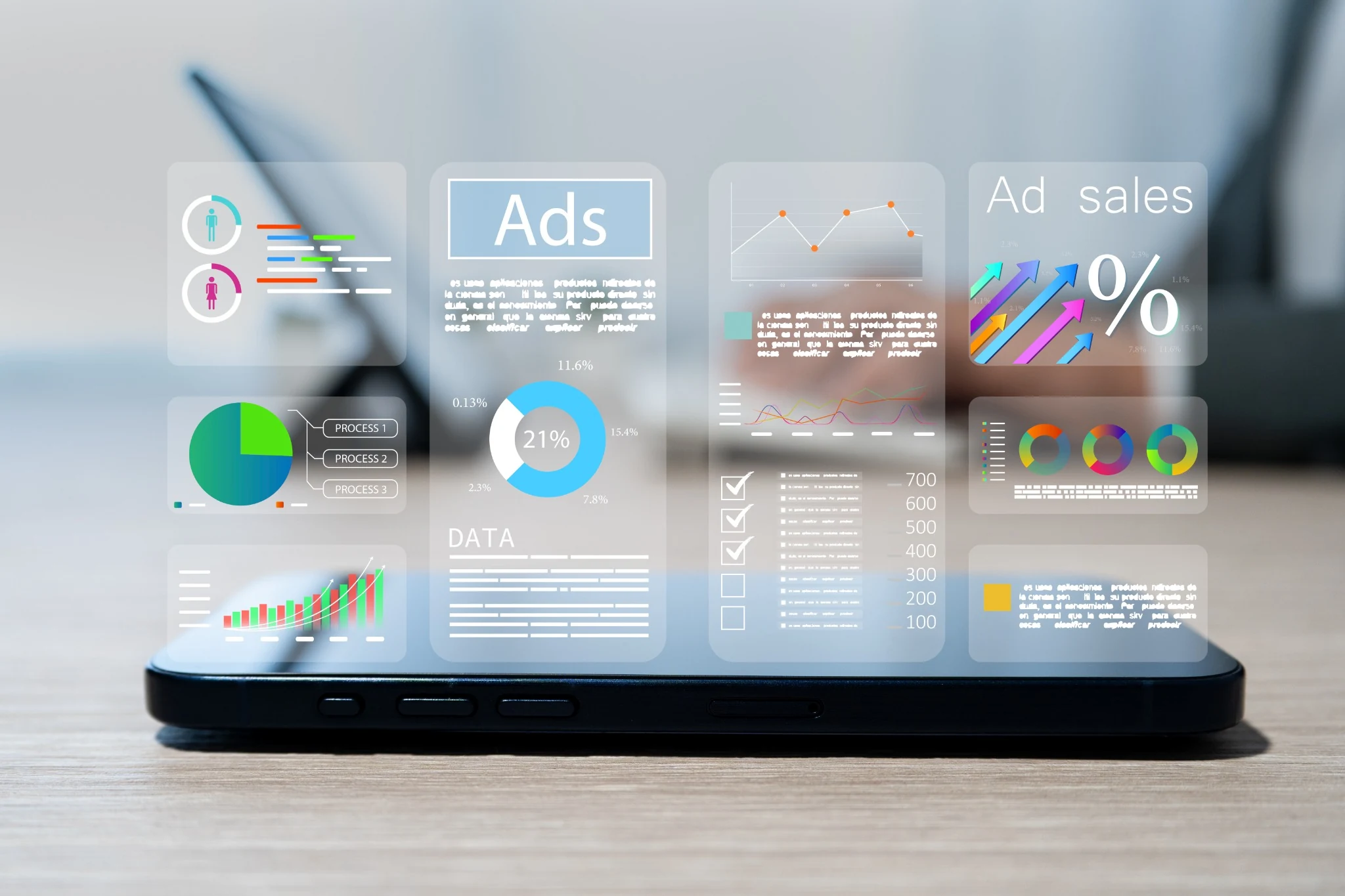 Digital advertising analytics dashboard displaying ad performance charts, sales metrics and campaign data